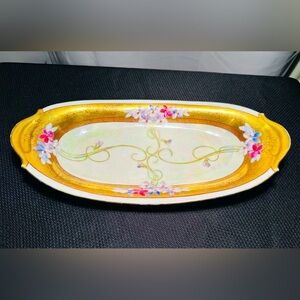 T&V Limoges Handpainted Gold/Floral Serving Dish ~ Signed RAY Double Stamp